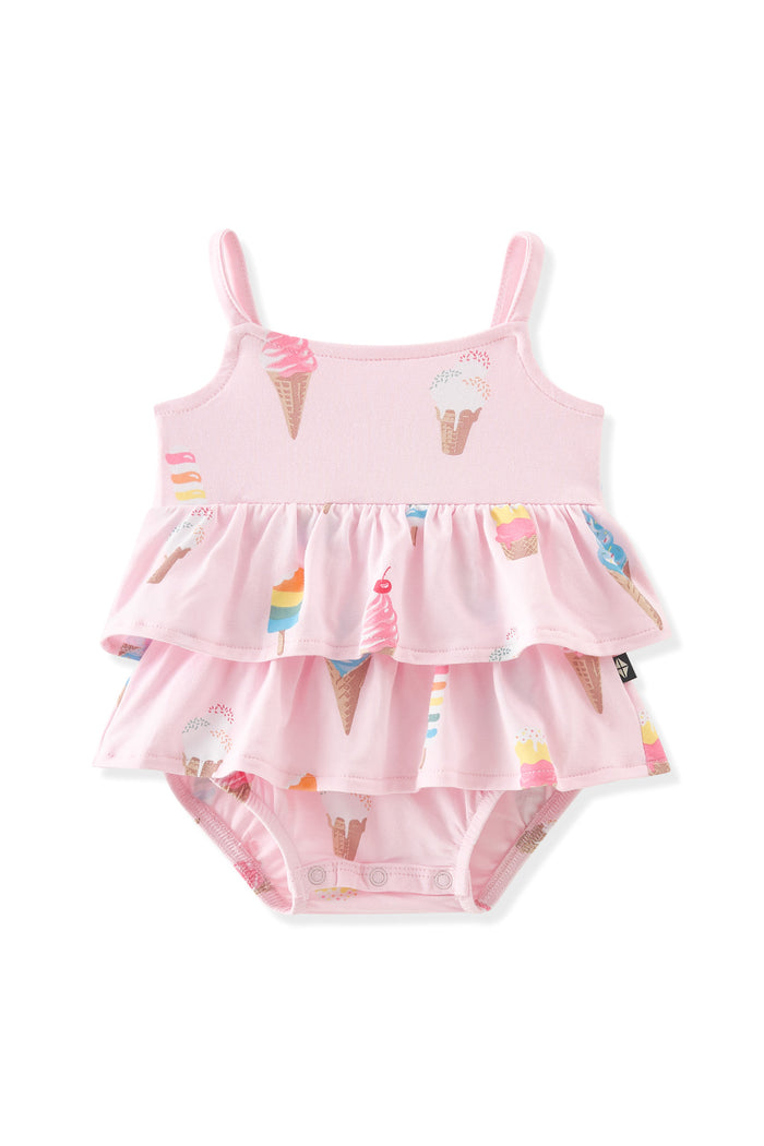 Pink Spaghetti Strap Ruffle Romper with Ice Cream print on white background
