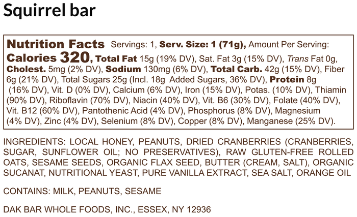 Squirrel Bar - Peanut, Cranberry & Sesame Seed Snack Bar
