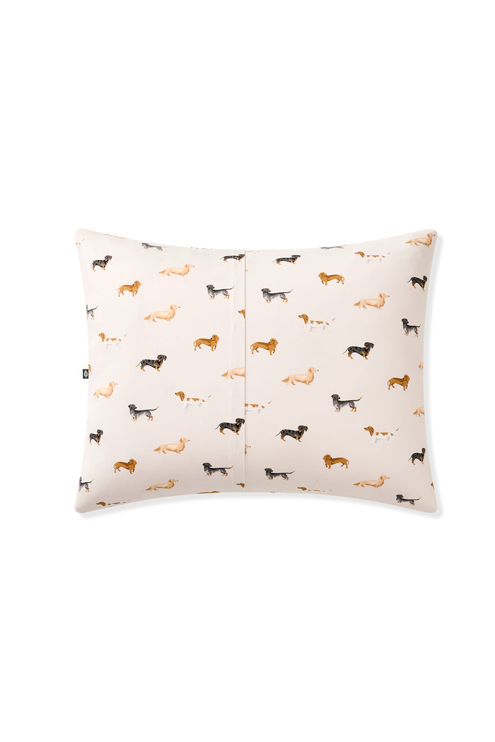 Back side of Standard Pillowcase in Dachshund print on a white background