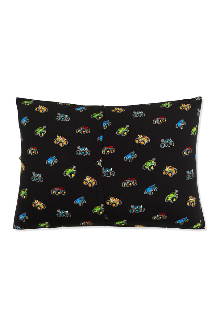 Back side of Standard Pillowcase in Monster Truck print on white background