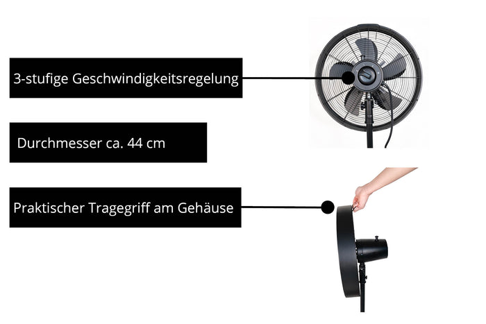 Der Unold Standventilator Black Steel verfügt über eine 3-stufige Geschwindigkeitsregelung, ca. 44 cm Durchmesser und ein praktischer Tragegriff am Gehäuse.