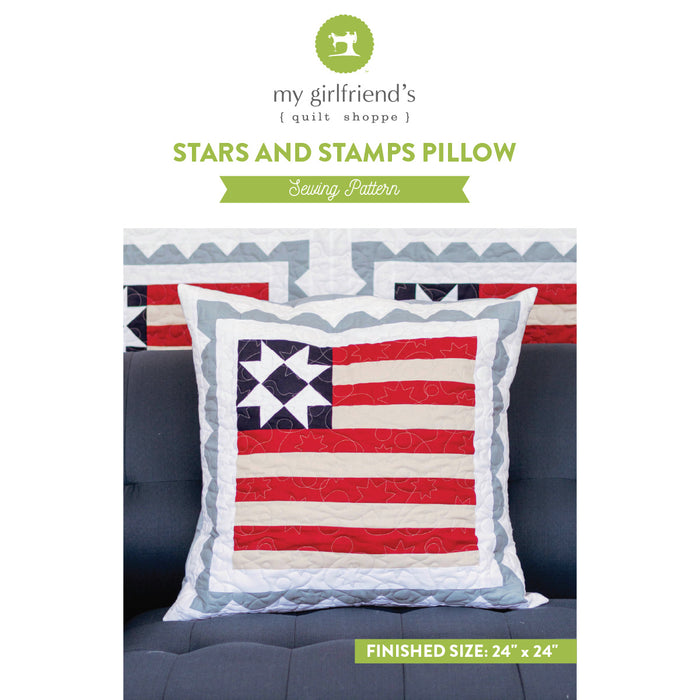 Stars and Stamps Pillow sewing pattern packaging with a pillow design on a gray couch.