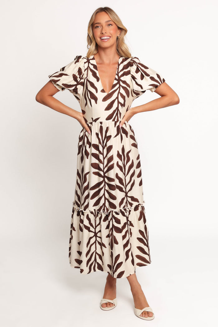 Petal and Pup USA DRESSES Steele Puff Sleeve Midi Dress - Brown Palm