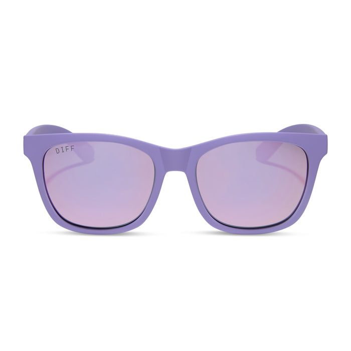 diff sport featuring the storm square sunglasses with a matte lavender frame and lavender mirror polarized lenses front view