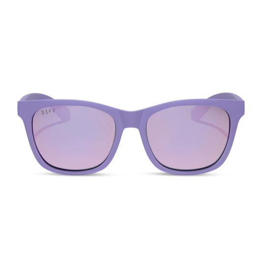 diff sport featuring the storm square sunglasses with a matte lavender frame and lavender mirror polarized lenses front view