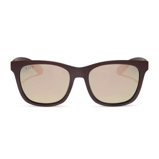 diff sport featuring the storm square sunglasses with a matte rugby red frame and taupe mirror polarized lenses front view