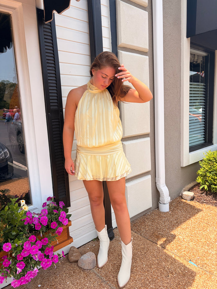 Striped chiffon mini dress in yellow