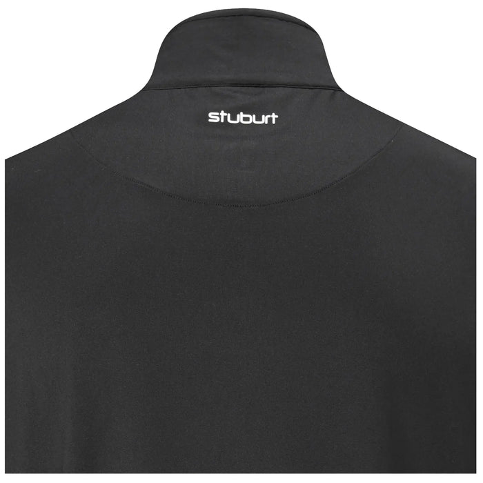 Black polo shirt displayed from the back showing a folded collar and the brand name "Stuburt" embroidered in white at the neckline against a plain background.