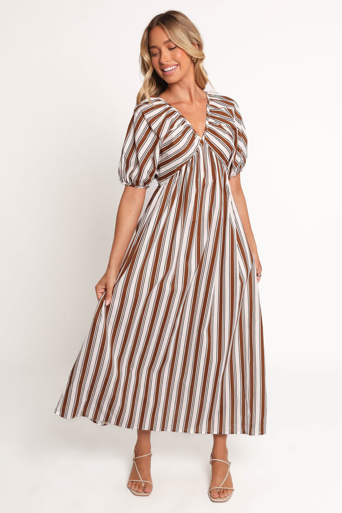 Petal and Pup USA DRESSES Sullivan Puff Sleeve Maxi Dress - Chocolate Stripe (Hold for Amazon)