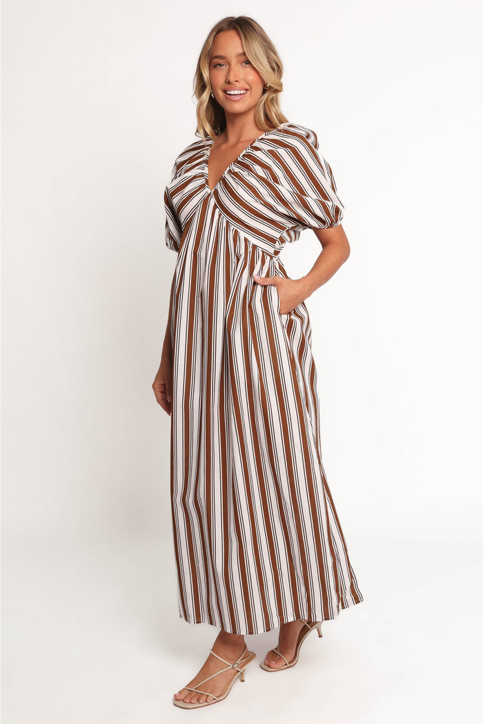 Petal and Pup USA DRESSES Sullivan Puff Sleeve Maxi Dress - Chocolate Stripe (Hold for Amazon)