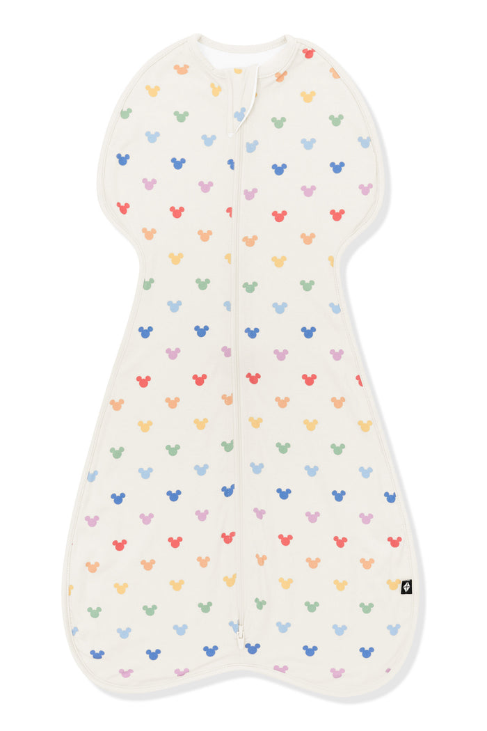 Baby swaddle bag with colorful mickey pattern on a white background