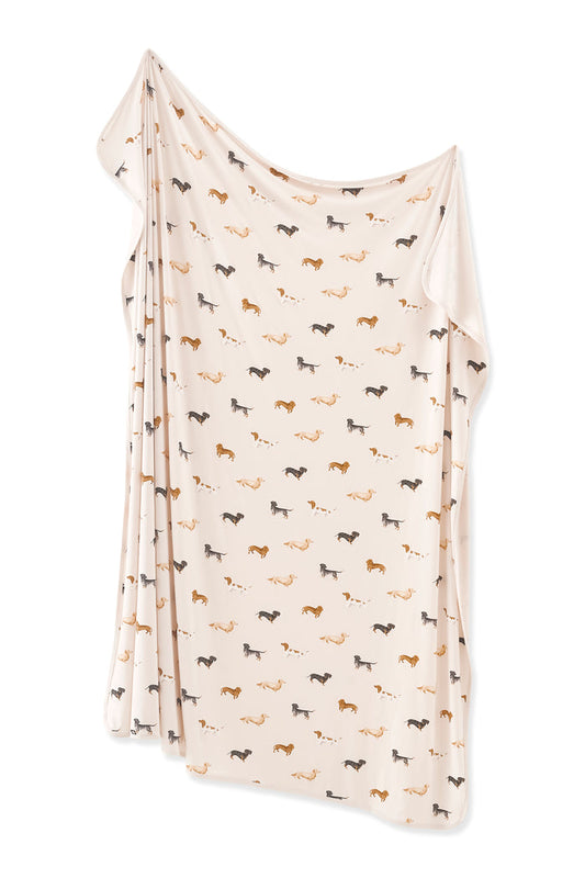 Beige Swaddle Blanket in Dachshund print on white background