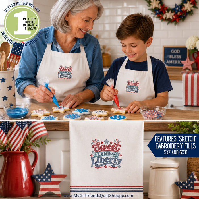 Woman and child in aprons decorating cookies with 'Sweet Land of Liberty' design, surrounded by patriotic decor.