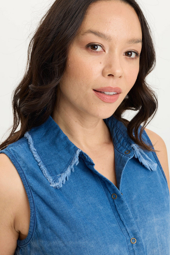 XCVI Tague Indigo Twill Knotted High-Low Snap-Up Tank