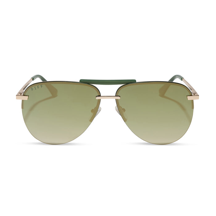 diff eyewear featuring the tahoe aviator sunglasses with a gold metal and green accent frame with a aloe green gradient and light gold flash polarized sunglasses front view