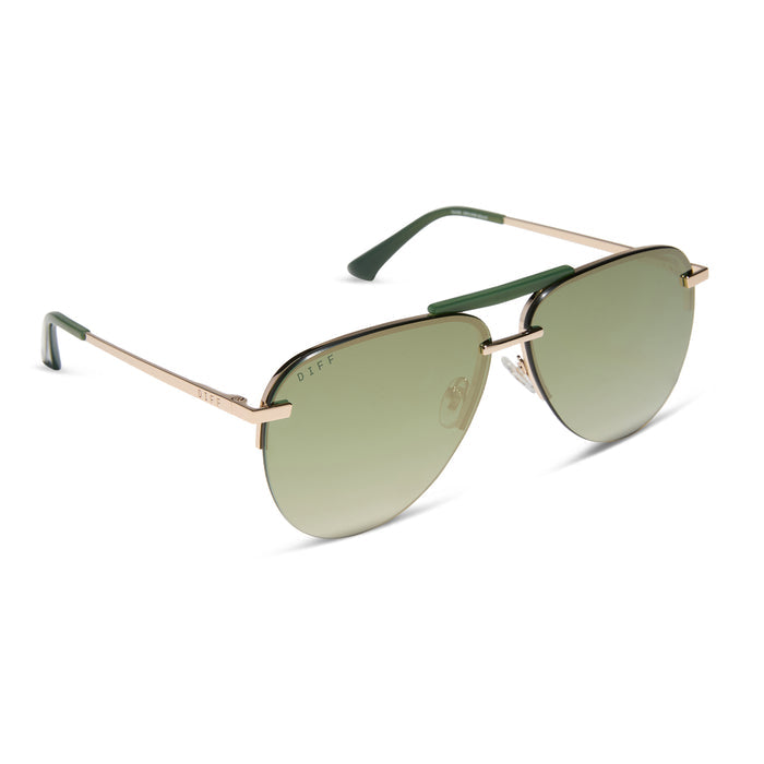 diff eyewear featuring the tahoe aviator sunglasses with a gold metal and green accent frame with a aloe green gradient and light gold flash polarized sunglasses angled view