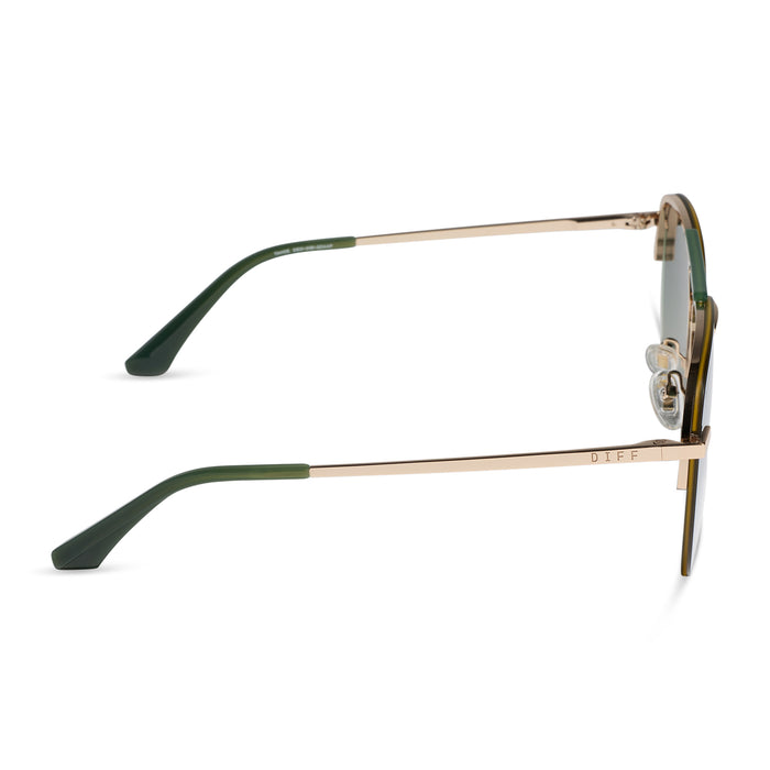 diff eyewear featuring the tahoe aviator sunglasses with a gold metal and green accent frame with a aloe green gradient and light gold flash polarized sunglasses side view