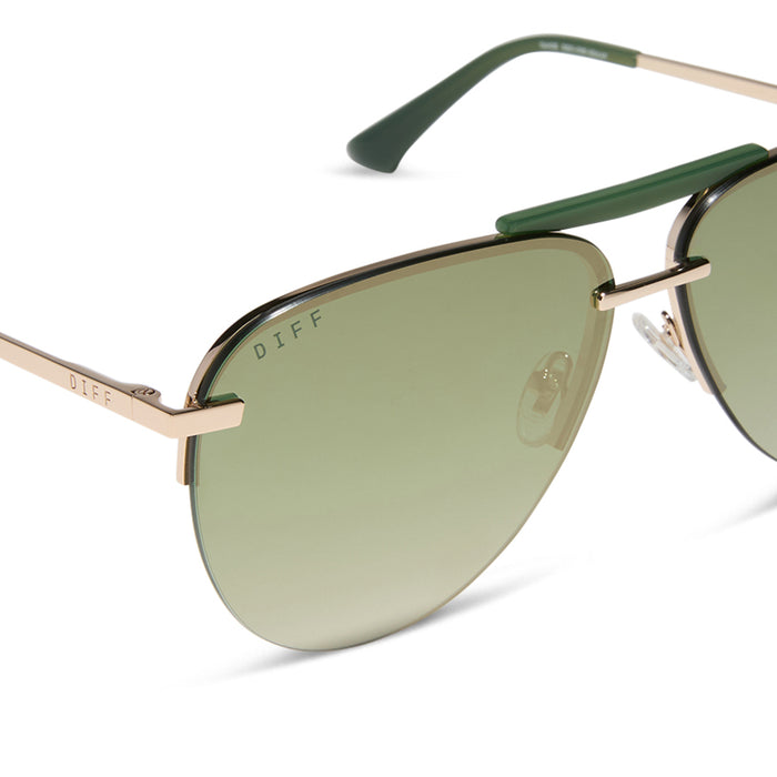 diff eyewear featuring the tahoe aviator sunglasses with a gold metal and green accent frame with a aloe green gradient and light gold flash polarized sunglasses detailed view