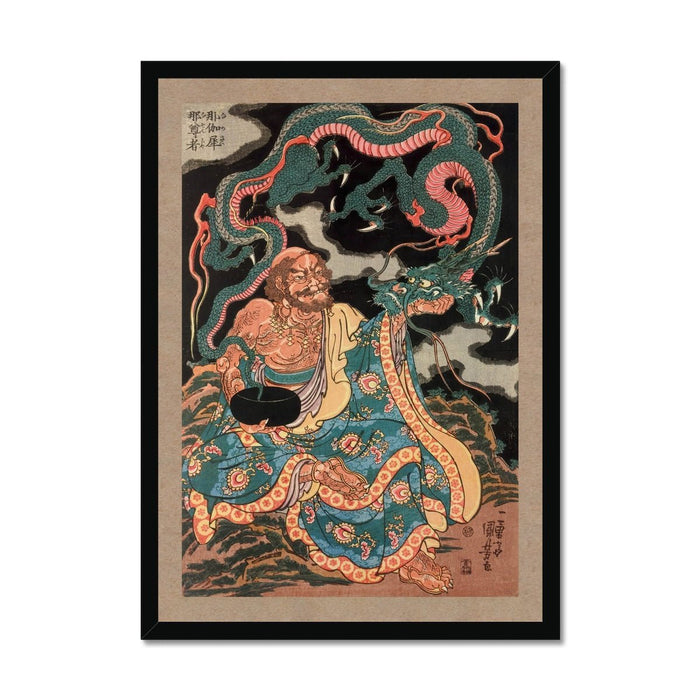 The Arhat Nakasaina Sonja Seated On a Rock, with a Dragon Emerging From His Bowl, Vintage Buddhist Japanese Framed Art Print