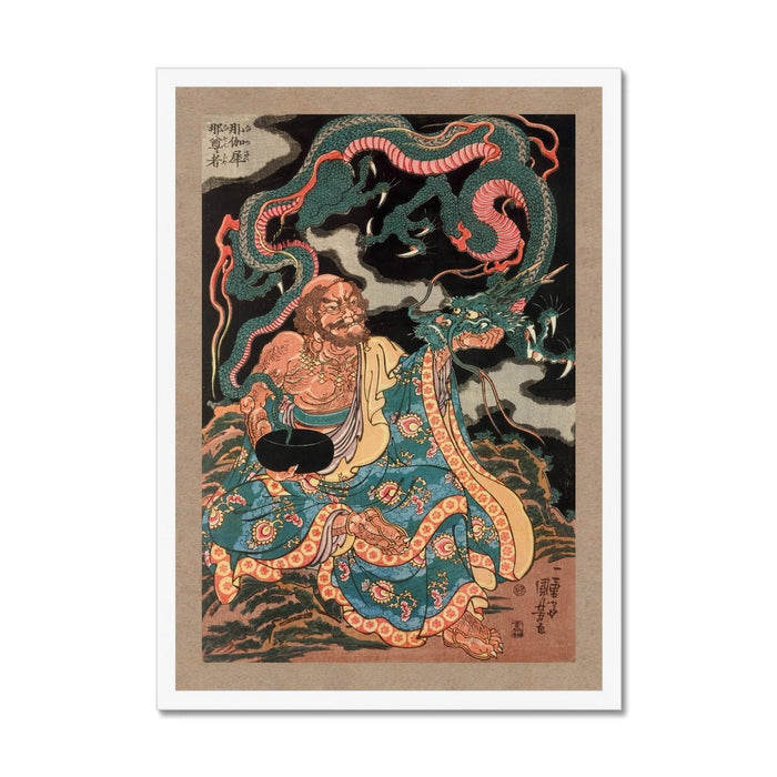 The Arhat Nakasaina Sonja Seated On a Rock, with a Dragon Emerging From His Bowl, Vintage Buddhist Japanese Framed Art Print