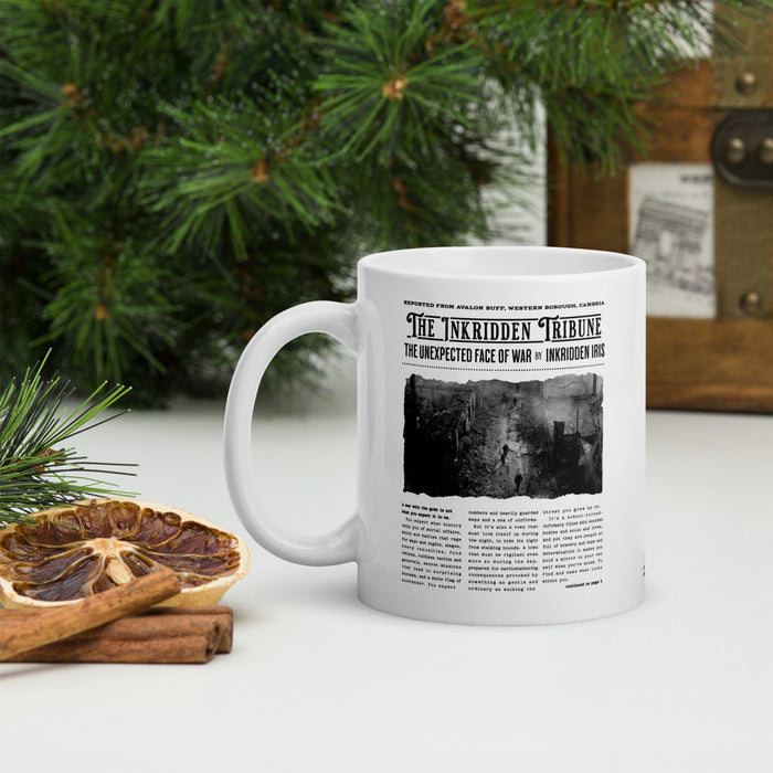 The Inkridden Tribune The Unexpected Face of War Mug - The Bean Workshop - Book Lover Mug, Bookish mug, Dark Academia Aesthetic, Divine Rivals, Divine Rivals mug, Fantasy Book Merch, Inkridden Tribune gift for readers, Iris Winnow, Letters of Enchantment, Letters of Enchantment merch, Literary Gift, mug, Rebecca Ross, Rebecca Ross coffee cup, Vintage Newspaper, War Correspondent, Writer Gift