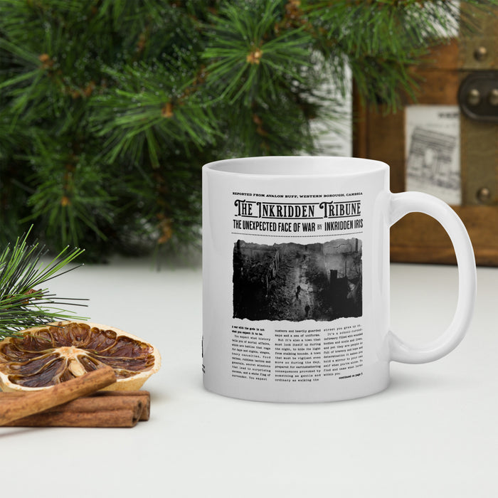 The Inkridden Tribune The Unexpected Face of War Mug - The Bean Workshop - Book Lover Mug, Bookish mug, Dark Academia Aesthetic, Divine Rivals, Divine Rivals mug, Fantasy Book Merch, Inkridden Tribune gift for readers, Iris Winnow, Letters of Enchantment, Letters of Enchantment merch, Literary Gift, mug, Rebecca Ross, Rebecca Ross coffee cup, Vintage Newspaper, War Correspondent, Writer Gift