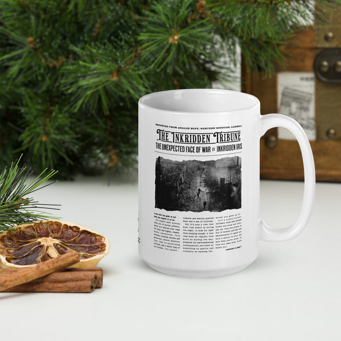 The Inkridden Tribune The Unexpected Face of War Mug - The Bean Workshop - Book Lover Mug, Bookish mug, Dark Academia Aesthetic, Divine Rivals, Divine Rivals mug, Fantasy Book Merch, Inkridden Tribune gift for readers, Iris Winnow, Letters of Enchantment, Letters of Enchantment merch, Literary Gift, mug, Rebecca Ross, Rebecca Ross coffee cup, Vintage Newspaper, War Correspondent, Writer Gift
