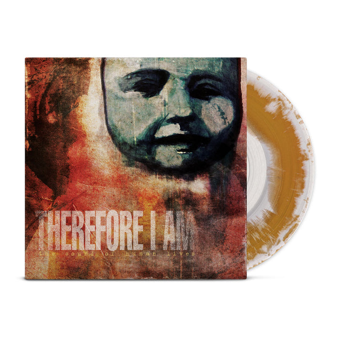 Album cover for The Sound of Human Lives LP by Therefore I Am, featuring a painted abstract face on a textured background. Shows the limited edition orange/white Therefore I Am vinyl, clear with gold splatter. Brand: Therefore I Am.