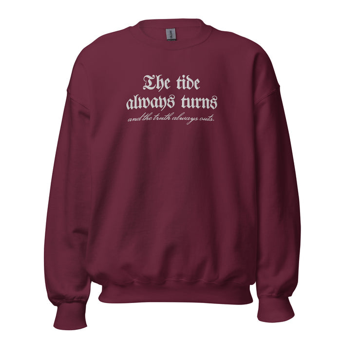 The Tide Always Turns Embroidered Sweatshirt - The Bean Workshop - Cozy Aesthetic, Dark Academia, Fantasy Fandom, Gothic Aesthetic, High-Quality Embroidery, Literary Apparel, Minimalist Graphic, One Dark Window, Rachel Gillig, Reader Gift, Shepherd King Series Merch, Sweatshirt, The Tide Always Turns Embroidered Sweatshirt