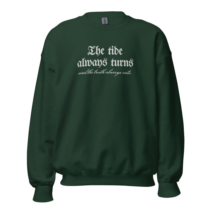 The Tide Always Turns Embroidered Sweatshirt - The Bean Workshop - Cozy Aesthetic, Dark Academia, Fantasy Fandom, Gothic Aesthetic, High-Quality Embroidery, Literary Apparel, Minimalist Graphic, One Dark Window, Rachel Gillig, Reader Gift, Shepherd King Series Merch, Sweatshirt, The Tide Always Turns Embroidered Sweatshirt