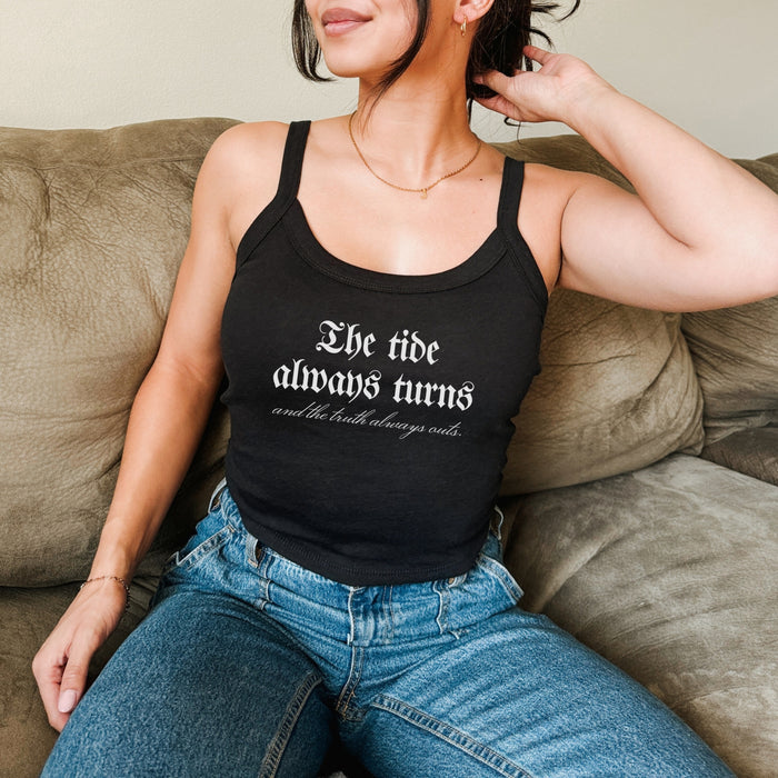 The Tide Always Turns Micro-rib Tank Top - The Bean Workshop - Aesthetic Apparel, Bookish Aesthetic, Dark Academia, Fantasy Series Merch, Gothic Fantasy Tank Top, Literary Quote, Minimalist, One Dark Window, Rachel Gillig Inspired Merch, Reader Fashion, Reader Gift, Ribbed Texture, Summer Reading, Summer Style, Tank Top, The Shepherd King, The Tide Always Turns Merch