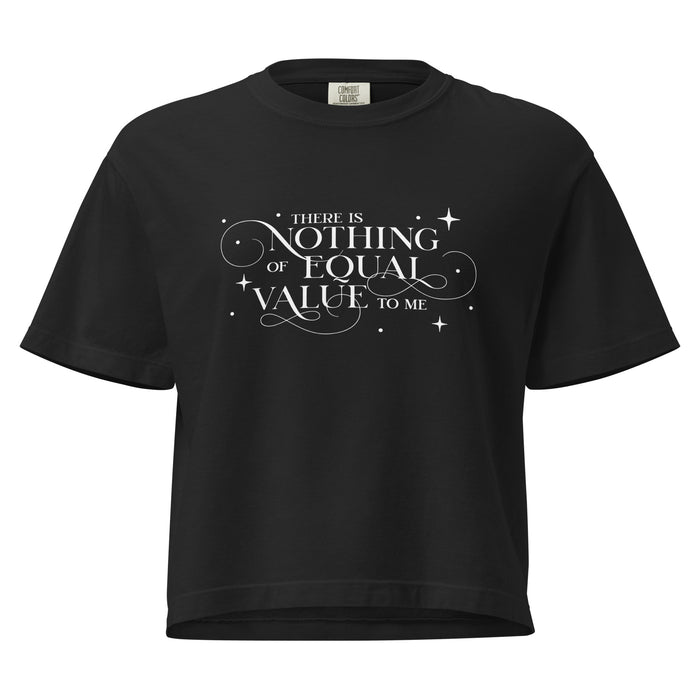 There Is Nothing of Equal Value to Me Boxy Tee - The Bean Workshop - Ballad of Never After Quote Merch, Black Gothic Script Typography, Boxy Tee, Dark Romance, Elegant Flourish Lettering, Everyday Bookish Style, Gothic Elegance, Once Upon a Broken Heart, Relaxed Layering Piece, Scattered Star Sparkle Detail, Stephanie Garber, The Ballad of Never After, There Is Nothing of Equal Value to Me Boxy Tee for Book Lovers