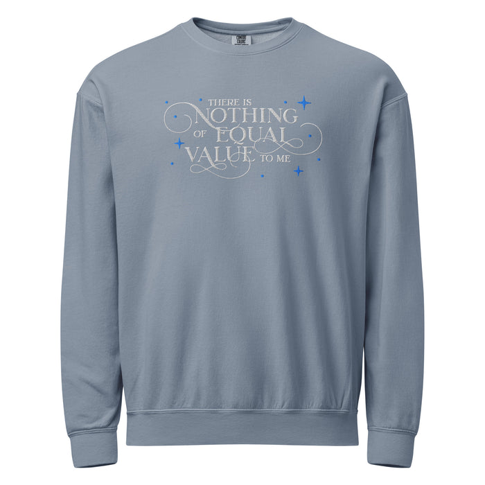 There Is Nothing of Equal Value to Me Embroidered Fleece Sweatshirt - The Bean Workshop - Ballad of Never After Quote Merch, Black Gothic Script Typography, Cozy Loungewear, Dark Romance, Elegant Flourish Lettering, Embroidered Fleece Sweatshirt, Gothic Elegance, Once Upon a Broken Heart, Scattered Star Sparkle Detail, Stephanie Garber, The Ballad of Never After, There Is Nothing of Equal Value to Me Embroidered Fleece Sweatshirt for Book Lovers, Travel Day Comfort