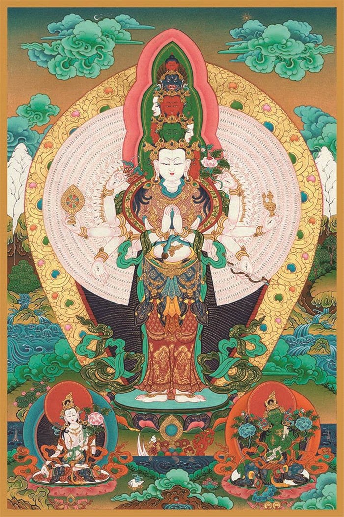 The Thousand-hand Avalokiteshvara - Tibetan thangka painting, front view