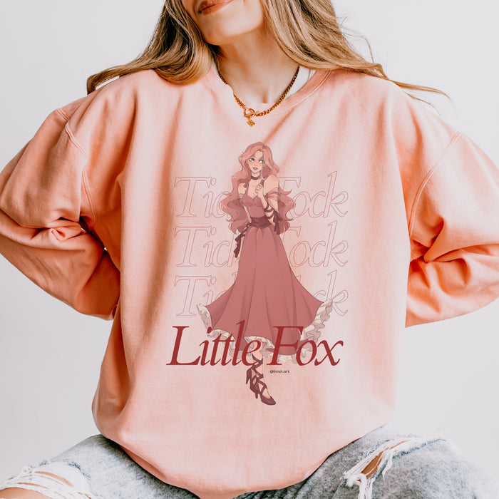 Tick Tock Little Fox Fleece Sweatshirt - The Bean Workshop - Cozy Loungewear, Evangeline Fox Fan Gift, Fleece Sweatshirt, Illustrated Evangeline Fox Character Art, Once Upon a Broken Heart, Red Script Lettering, Repeated Watermark Typography, Romantic Fantasy, Stephanie Garber, Tick Tock Little Fox Fleece Sweatshirt for Book Lovers, Travel Day Comfort, Whimsical Fairytale Illustration