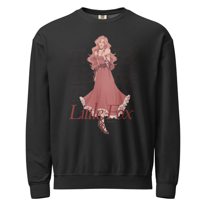 Tick Tock Little Fox Fleece Sweatshirt - The Bean Workshop - Cozy Loungewear, Evangeline Fox Fan Gift, Fleece Sweatshirt, Illustrated Evangeline Fox Character Art, Once Upon a Broken Heart, Red Script Lettering, Repeated Watermark Typography, Romantic Fantasy, Stephanie Garber, Tick Tock Little Fox Fleece Sweatshirt for Book Lovers, Travel Day Comfort, Whimsical Fairytale Illustration