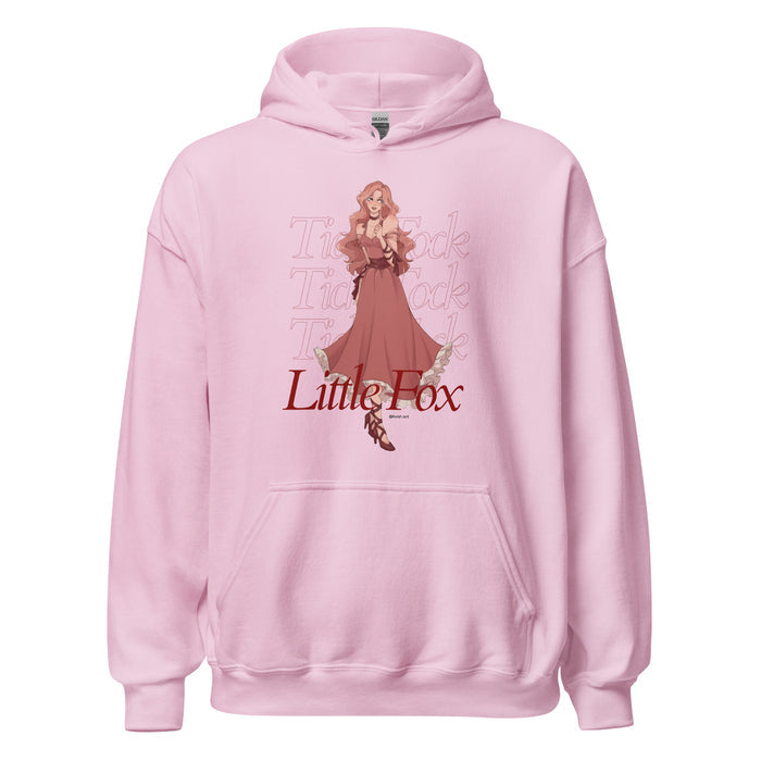 Tick Tock Little Fox Hoodie - The Bean Workshop - Cozy Reading Wear, Evangeline Fox Fan Gift, Everyday Bookish Style, Hoodie, Illustrated Evangeline Fox Character Art, Once Upon a Broken Heart, Red Script Lettering, Repeated Watermark Typography, Romantic Fantasy, Stephanie Garber, Tick Tock Little Fox Hoodie for Book Lovers, Whimsical Fairytale Illustration