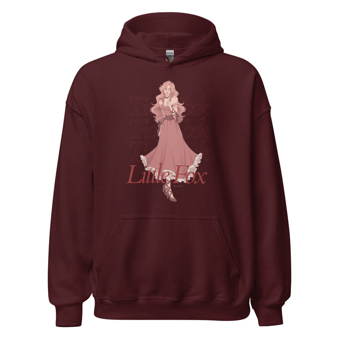 Tick Tock Little Fox Hoodie - The Bean Workshop - Cozy Reading Wear, Evangeline Fox Fan Gift, Everyday Bookish Style, Hoodie, Illustrated Evangeline Fox Character Art, Once Upon a Broken Heart, Red Script Lettering, Repeated Watermark Typography, Romantic Fantasy, Stephanie Garber, Tick Tock Little Fox Hoodie for Book Lovers, Whimsical Fairytale Illustration