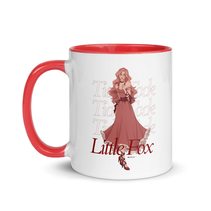 Tick Tock Little Fox Mug with Color Inside - The Bean Workshop - Ceramic Mug, Evangeline Fox Fan Gift, Illustrated Evangeline Fox Character Art, Morning Coffee Ritual, Once Upon a Broken Heart, Reading Nook Companion, Red Script Lettering, Repeated Watermark Typography, Romantic Fantasy, Stephanie Garber, Tick Tock Little Fox Ceramic Mug for Book Lovers, Whimsical Fairytale Illustration