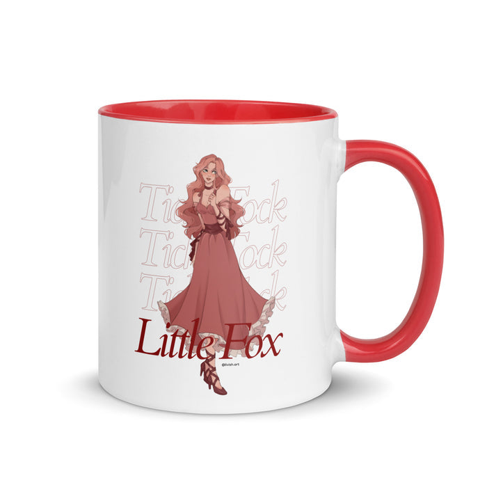 Tick Tock Little Fox Mug with Color Inside - The Bean Workshop - Ceramic Mug, Evangeline Fox Fan Gift, Illustrated Evangeline Fox Character Art, Morning Coffee Ritual, Once Upon a Broken Heart, Reading Nook Companion, Red Script Lettering, Repeated Watermark Typography, Romantic Fantasy, Stephanie Garber, Tick Tock Little Fox Ceramic Mug for Book Lovers, Whimsical Fairytale Illustration