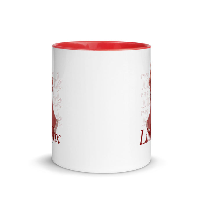 Tick Tock Little Fox Mug with Color Inside - The Bean Workshop - Ceramic Mug, Evangeline Fox Fan Gift, Illustrated Evangeline Fox Character Art, Morning Coffee Ritual, Once Upon a Broken Heart, Reading Nook Companion, Red Script Lettering, Repeated Watermark Typography, Romantic Fantasy, Stephanie Garber, Tick Tock Little Fox Ceramic Mug for Book Lovers, Whimsical Fairytale Illustration