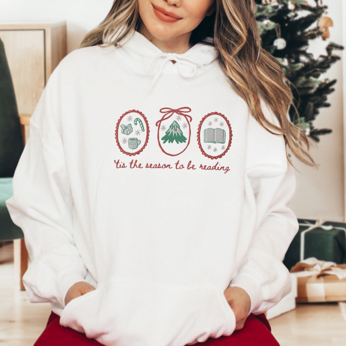 'Tis the Season to be Reading Embroidered Hoodie - The Bean Workshop - Bookaholic, Bookish Apparel, Bookworm Gift, Cozy Reader Gift, Embroidered Christmas Hoodie for Book Lovers, Festive Loungewear, High Quality, Holiday Gift, Minimalist Christmas, Premium Embroidered Hoodie, Reading Hoodie, Tis the Season to be Reading Pullover, Winter Wear