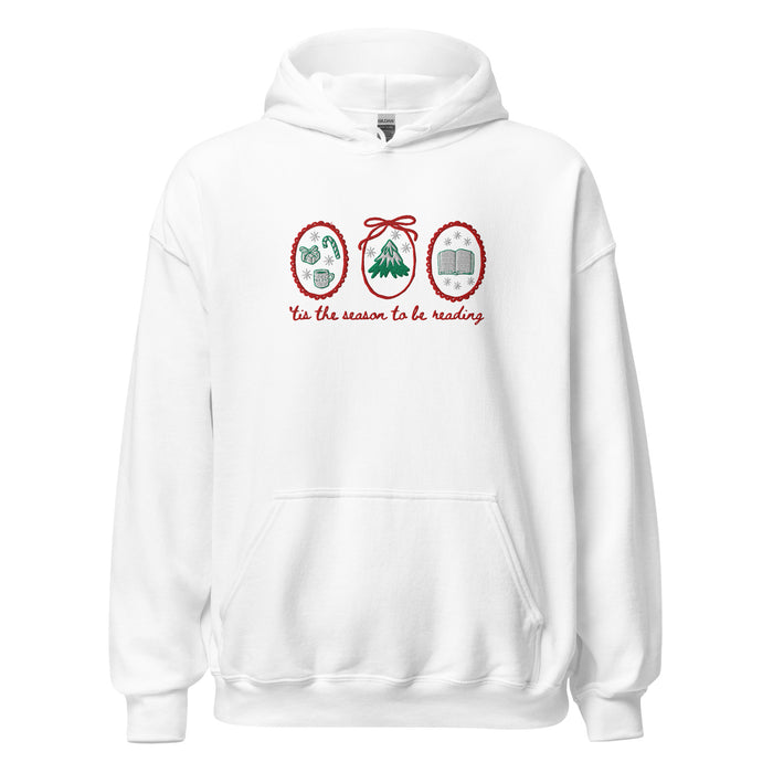 'Tis the Season to be Reading Embroidered Hoodie - The Bean Workshop - Bookaholic, Bookish Apparel, Bookworm Gift, Cozy Reader Gift, Embroidered Christmas Hoodie for Book Lovers, Festive Loungewear, High Quality, Holiday Gift, Minimalist Christmas, Premium Embroidered Hoodie, Reading Hoodie, Tis the Season to be Reading Pullover, Winter Wear