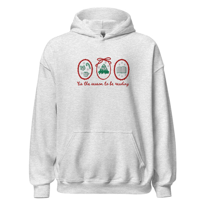 'Tis the Season to be Reading Embroidered Hoodie - The Bean Workshop - Bookaholic, Bookish Apparel, Bookworm Gift, Cozy Reader Gift, Embroidered Christmas Hoodie for Book Lovers, Festive Loungewear, High Quality, Holiday Gift, Minimalist Christmas, Premium Embroidered Hoodie, Reading Hoodie, Tis the Season to be Reading Pullover, Winter Wear