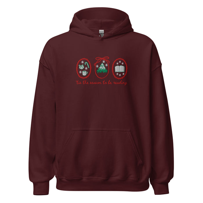 'Tis the Season to be Reading Embroidered Hoodie - The Bean Workshop - Bookaholic, Bookish Apparel, Bookworm Gift, Cozy Reader Gift, Embroidered Christmas Hoodie for Book Lovers, Festive Loungewear, High Quality, Holiday Gift, Minimalist Christmas, Premium Embroidered Hoodie, Reading Hoodie, Tis the Season to be Reading Pullover, Winter Wear