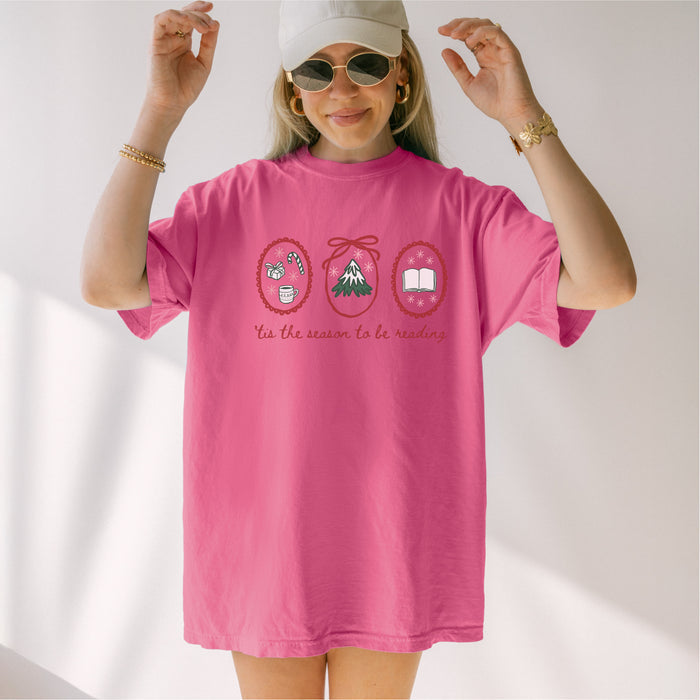 'Tis the Season to Be Reading T-Shirt - The Bean Workshop - Bookaholic, Bookish Humor, Bookworm Christmas Tee, Casual Wear, Christmas Gift, Christmas Reading Shirt for Book Lovers, Cozy Christmas, Festive Apparel, Gift for Readers, Hand-Drawn, Holiday Doodles, Holiday Graphic Tee, Tis the Season to be Reading T-Shirt