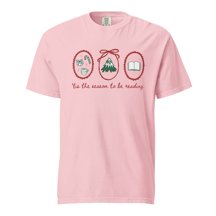 'Tis the Season to Be Reading T-Shirt - The Bean Workshop - Bookaholic, Bookish Humor, Bookworm Christmas Tee, Casual Wear, Christmas Gift, Christmas Reading Shirt for Book Lovers, Cozy Christmas, Festive Apparel, Gift for Readers, Hand-Drawn, Holiday Doodles, Holiday Graphic Tee, Tis the Season to be Reading T-Shirt