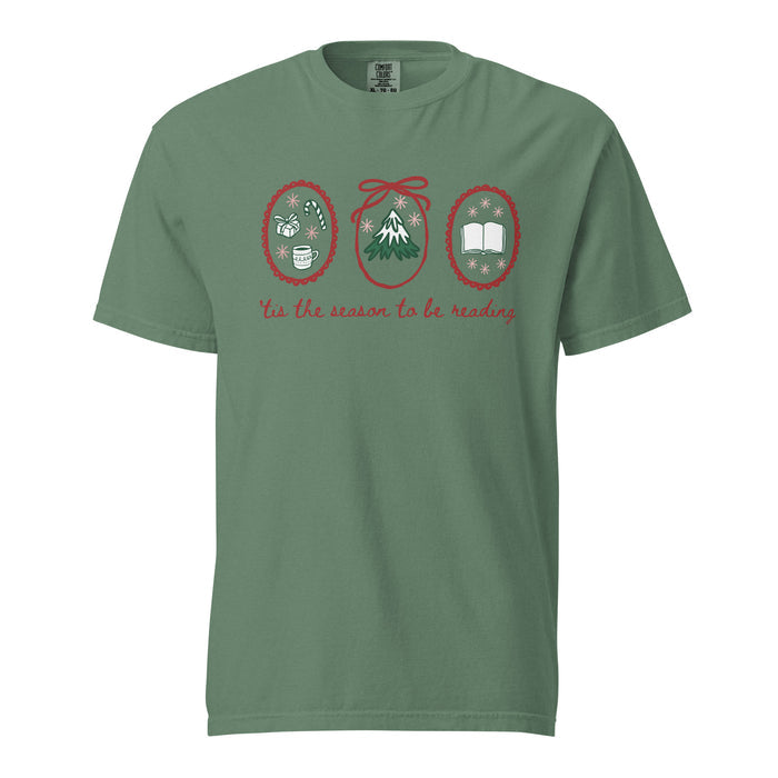 'Tis the Season to Be Reading T-Shirt - The Bean Workshop - Bookaholic, Bookish Humor, Bookworm Christmas Tee, Casual Wear, Christmas Gift, Christmas Reading Shirt for Book Lovers, Cozy Christmas, Festive Apparel, Gift for Readers, Hand-Drawn, Holiday Doodles, Holiday Graphic Tee, Tis the Season to be Reading T-Shirt