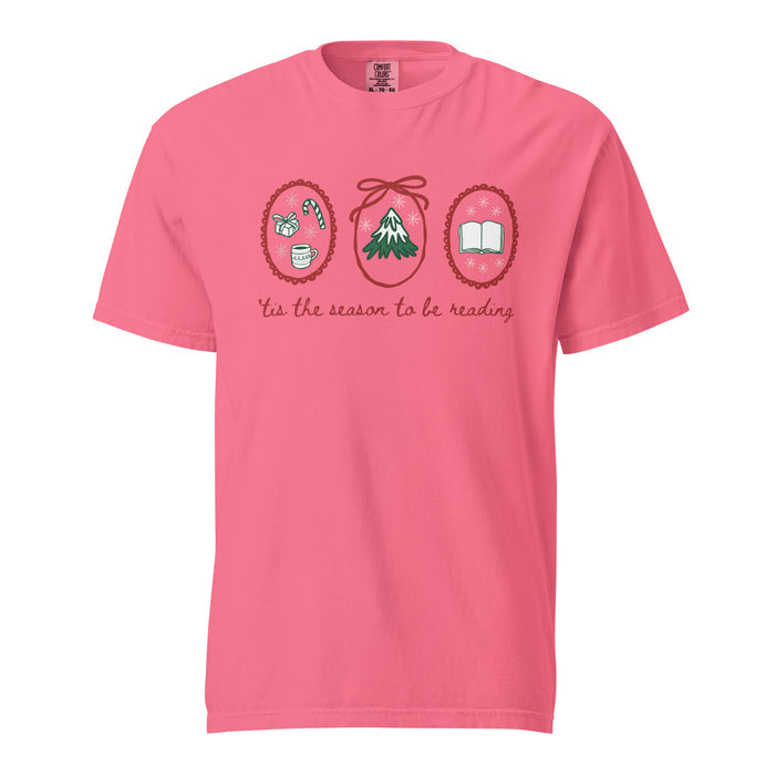 'Tis the Season to Be Reading T-Shirt - The Bean Workshop - Bookaholic, Bookish Humor, Bookworm Christmas Tee, Casual Wear, Christmas Gift, Christmas Reading Shirt for Book Lovers, Cozy Christmas, Festive Apparel, Gift for Readers, Hand-Drawn, Holiday Doodles, Holiday Graphic Tee, Tis the Season to be Reading T-Shirt