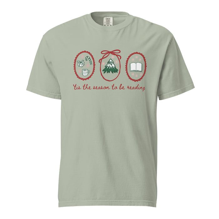 'Tis the Season to Be Reading T-Shirt - The Bean Workshop - Bookaholic, Bookish Humor, Bookworm Christmas Tee, Casual Wear, Christmas Gift, Christmas Reading Shirt for Book Lovers, Cozy Christmas, Festive Apparel, Gift for Readers, Hand-Drawn, Holiday Doodles, Holiday Graphic Tee, Tis the Season to be Reading T-Shirt